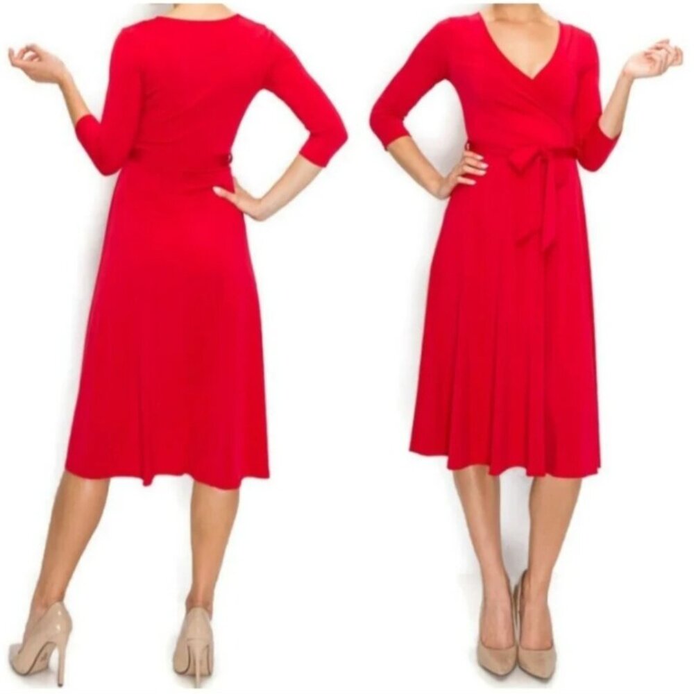 Janette Fashion Red Solid Faux Wrap Knee Length Dress - Picture 3 of 3